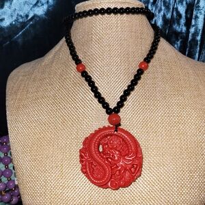 Cinnabar Carved Dragon Pendant With Black Obsidian Necklace